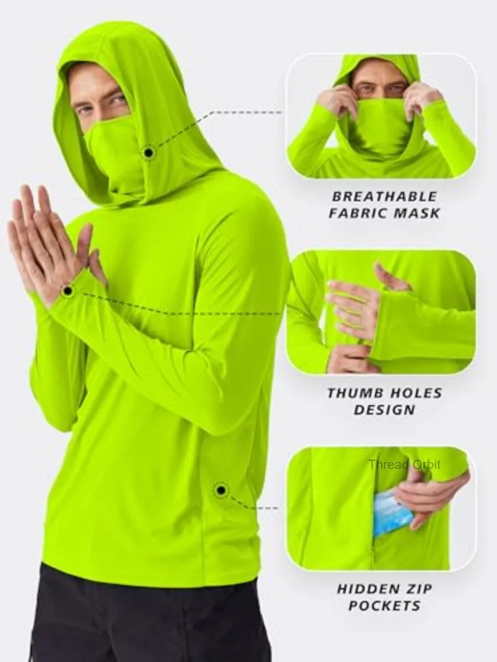 Men's UPF 50+ Sun Protection Hoodie with Mask Long Sleeve Rash Guard Fishing